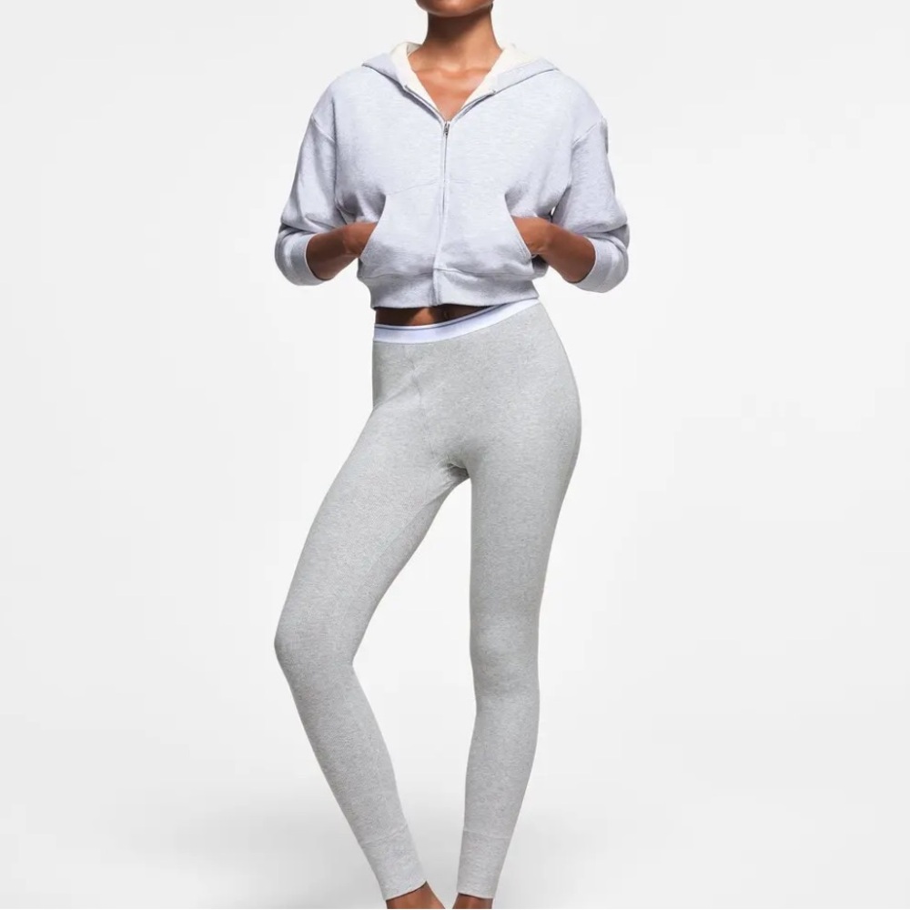 Skims Cotton Fleece Waffle Lined Zip Up Hoodie in Light Heather Grey